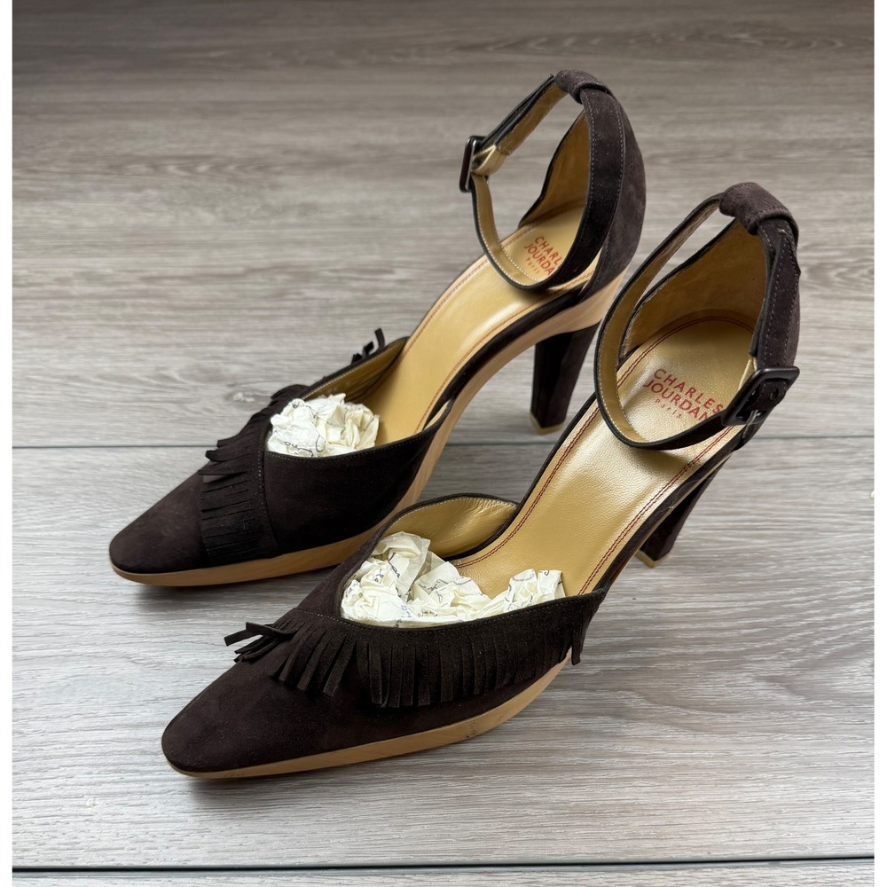 Charles Jourdan Womens Suede Fringe Ankle Strap Heels Brown 9.5 M